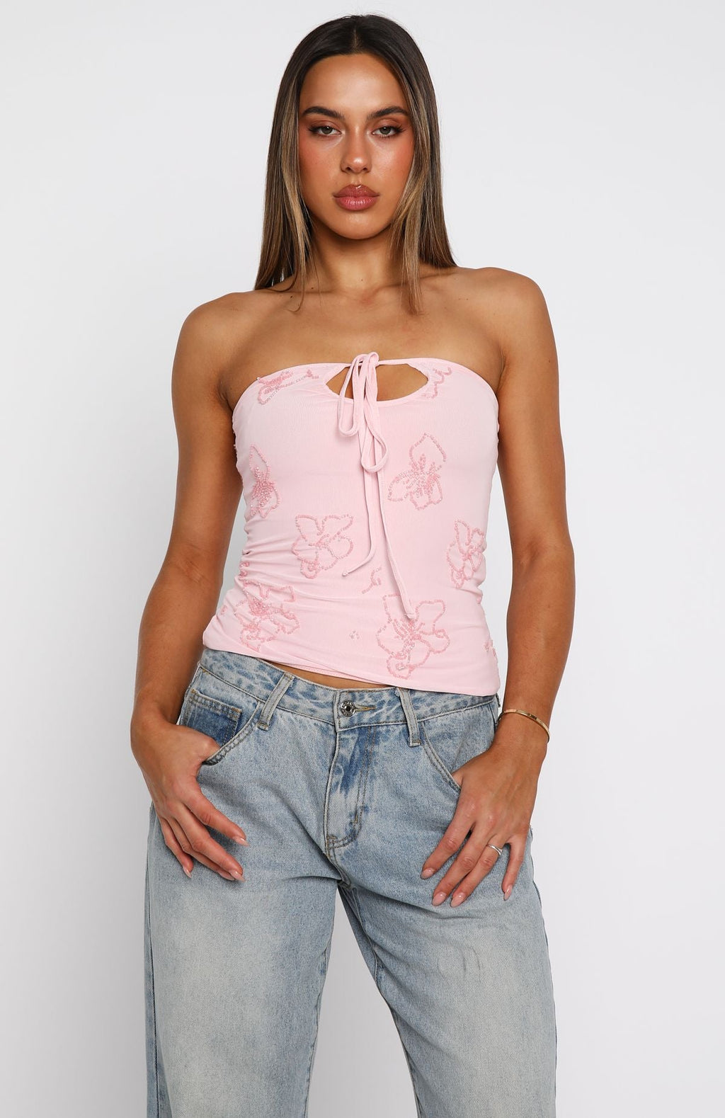 Glow Season Beaded Strapless Top Baby Pink