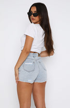 What Are We Denim Shorts Powder Blue Wash