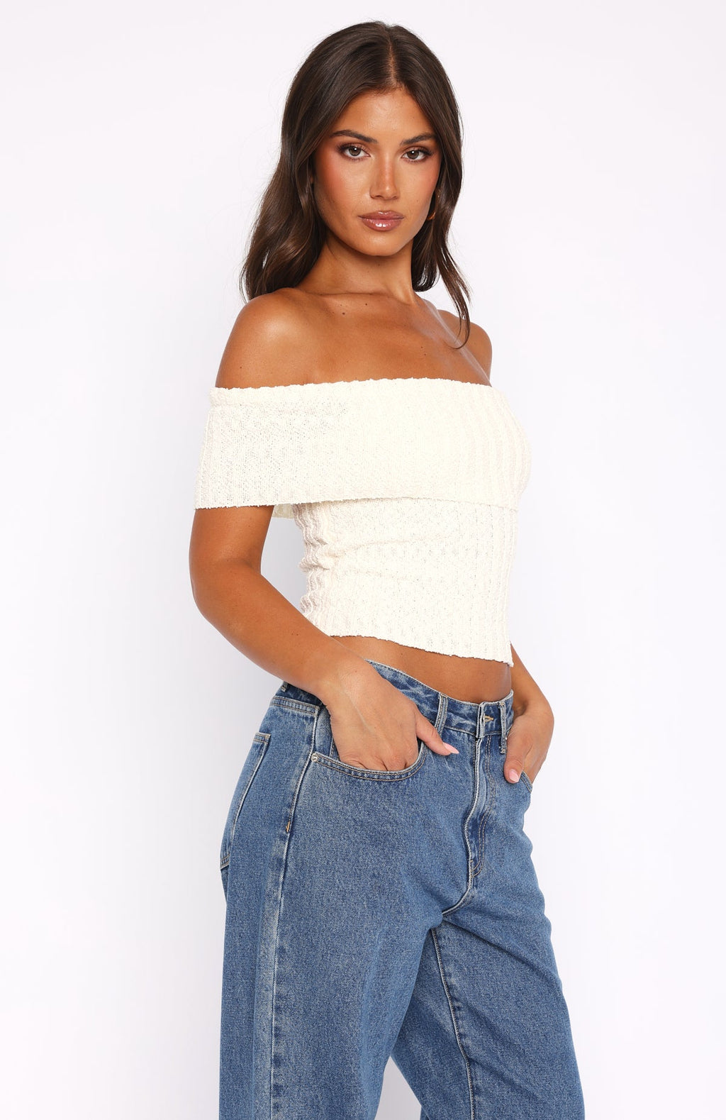 What I Want To Hear Off Shoulder Knit Top Cream