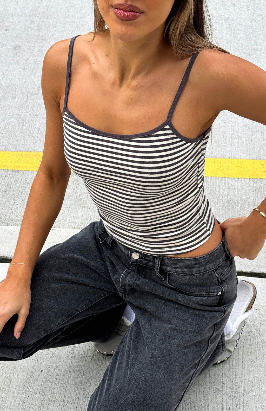 Just Let It Go Singlet Charcoal/White Stripe