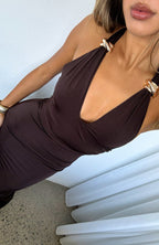 Waste A Moment Halter Maxi Dress Chocolate
