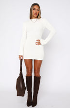 Get On Down Long Sleeve Knit Mini Dress Off White