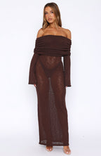 Made It Out Long Sleeve Boucle Maxi Dress Chocolate
