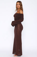 Made It Out Long Sleeve Boucle Maxi Dress Chocolate