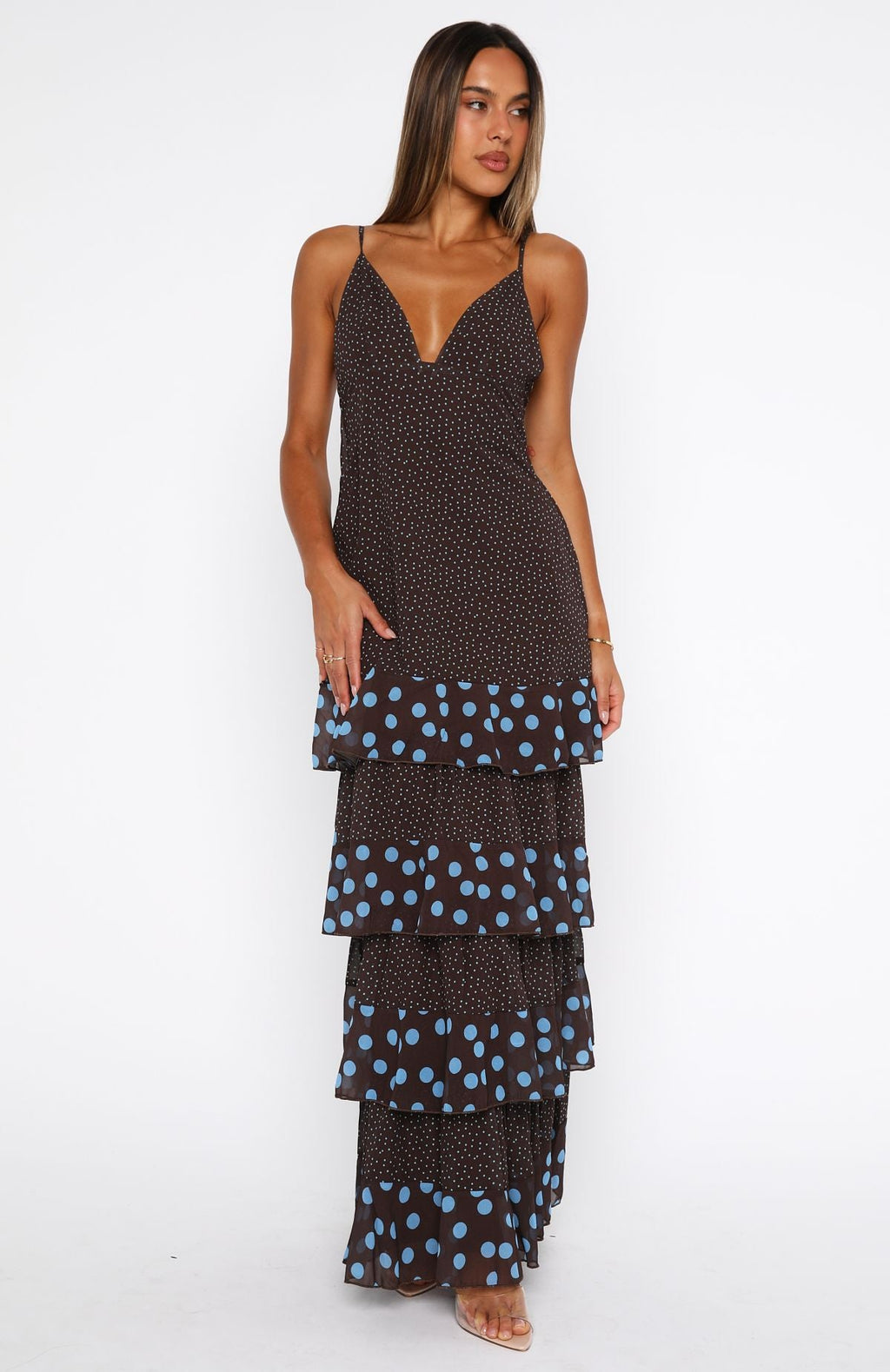Princess Maxi Dress Chocolate/Blue Polka Dot