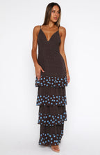 Princess Maxi Dress Chocolate/Blue Polka Dot