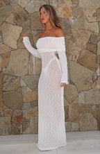Made It Out Long Sleeve Boucle Maxi Dress White