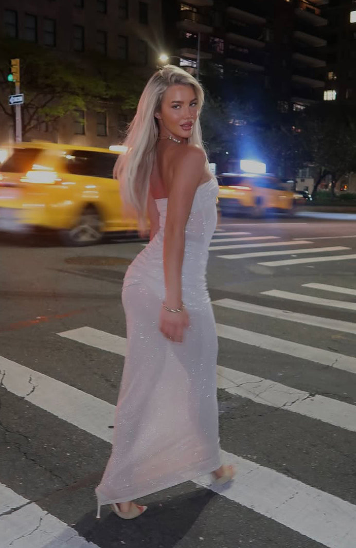 Sheer Grace Strapless Glitter Maxi Dress Champagne