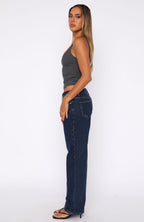 Zara Low Rise Straight Leg Jeans Dark Blue