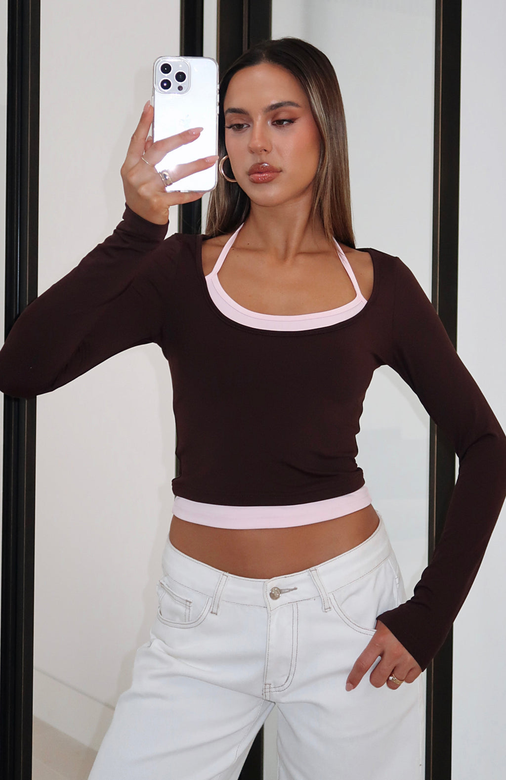 Know Everything Long Sleeve Double Layer Top Chocolate/Pink