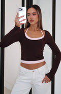 Know Everything Long Sleeve Double Layer Top Chocolate/Pink