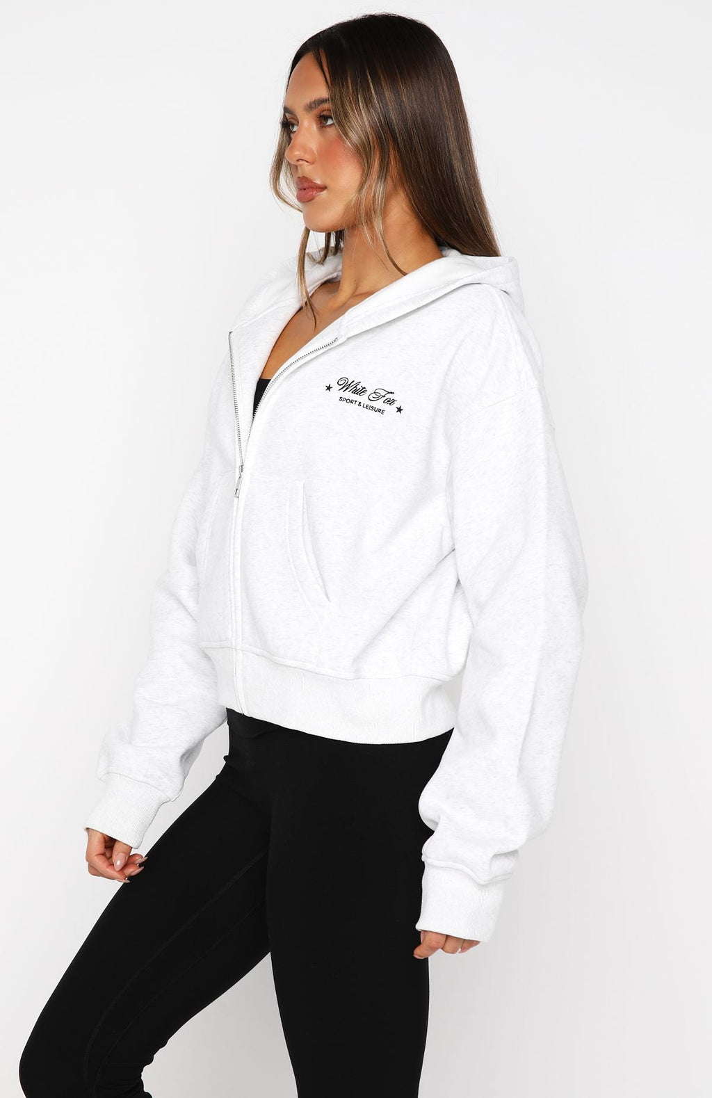 Just Try Again Boxy Zip Front Hoodie Grey Marle
