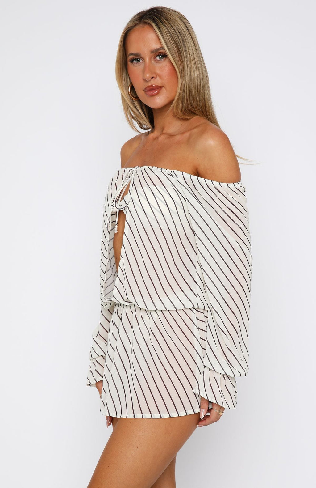 Back To Shore Long Sleeve Mini Dress Cream/Choc Stripe