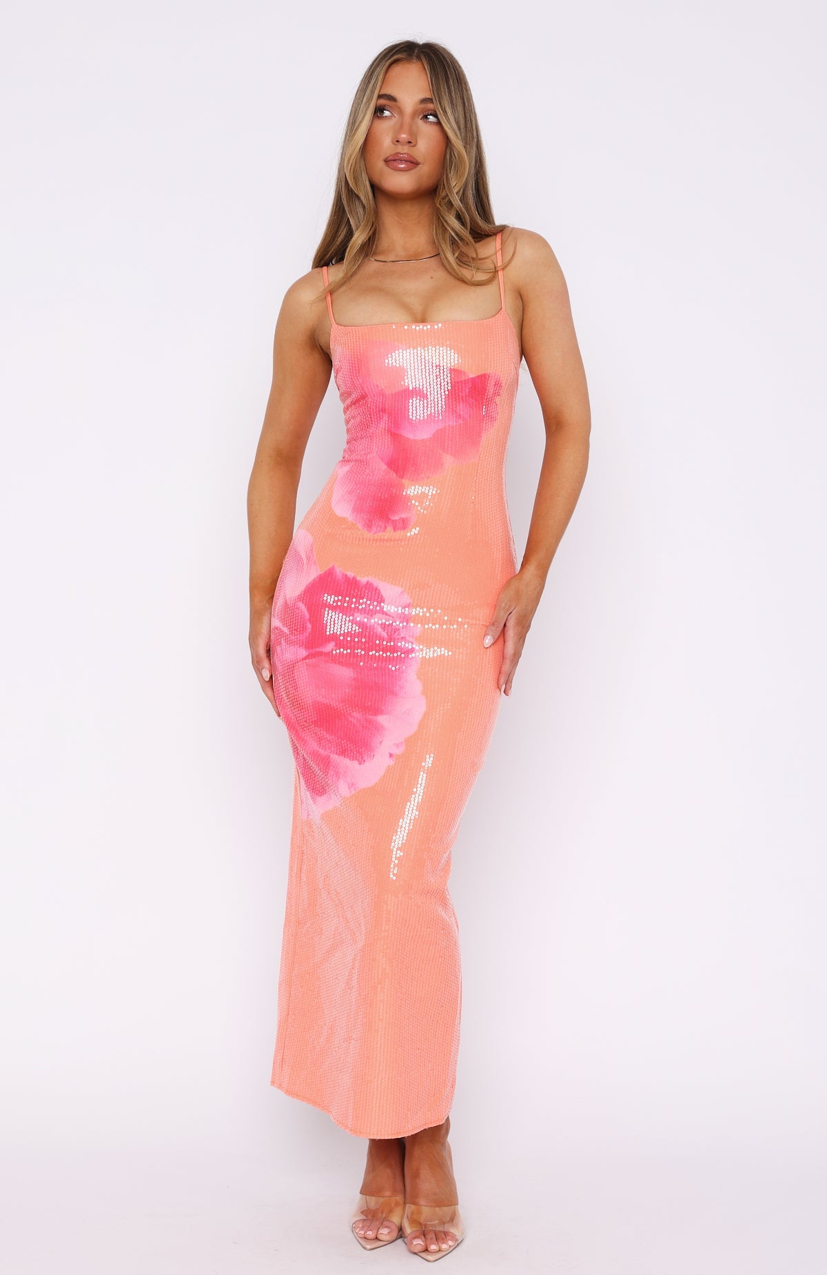 Telling Me Lies Sequin Maxi Dress Tangerine Blossom