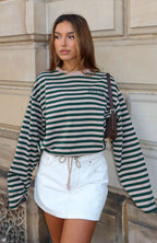 First Time Here Long Sleeve Tee Green/Tan Stripe
