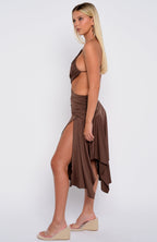 Tie Me Down One Shoulder Midi Dress Chocolate