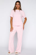 Come A Long Way Soft Lounge Relaxed Long Sleeve Ribbed Tee Pink