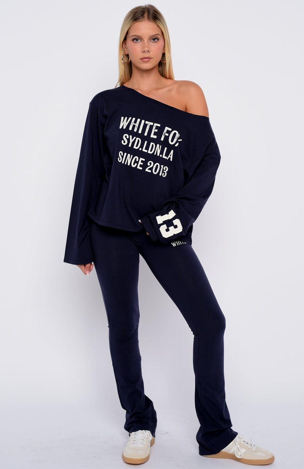 Topic Of Discussion Off Shoulder Oversized Long Sleeve Tee Navy