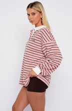 Out Again Long Sleeve Rugby Shirt Pink/Chocolate Stripe