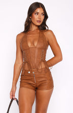 Midnight Blues PU Booty Shorts Tan