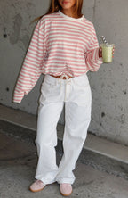 First Time Here Long Sleeve Tee Pink/Cream Stripe