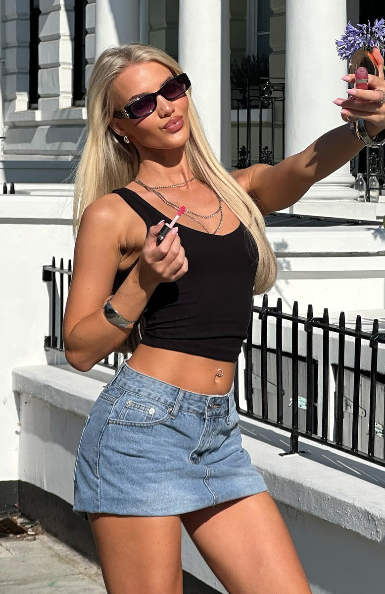 Know It All Low Rise Denim Mini Skirt Mid Blue