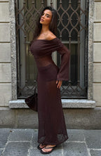 Made It Out Long Sleeve Boucle Maxi Dress Chocolate