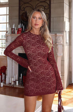 Naughty Or Nice Long Sleeve Lace Mini Dress Burgundy