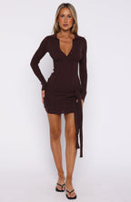 Chasing Sunbeams Knit Long Sleeve Mini Dress Chocolate