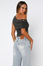 Can't Look Back Off Shoulder Top Dark Grey Marle