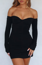 Running Out Of Time Off Shoulder Long Sleeve Mini Dress Black