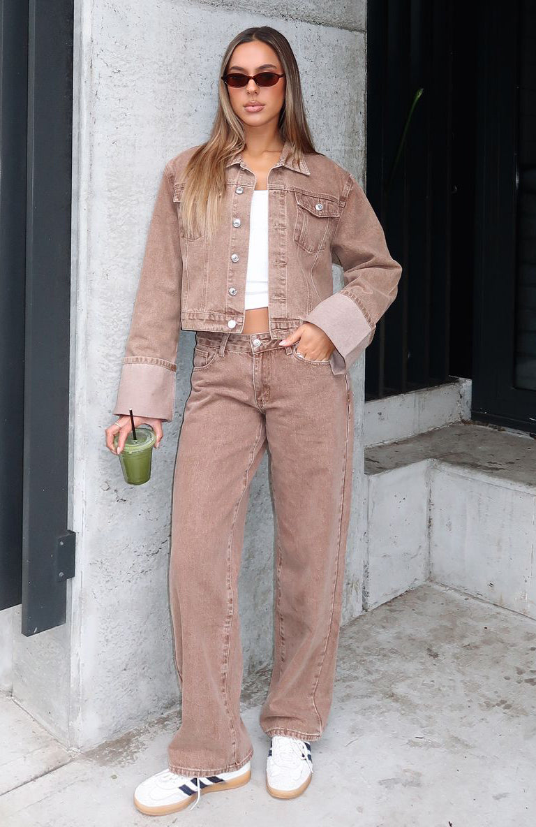 Bring The Style Low Rise Wide Leg Jeans Tan Wash