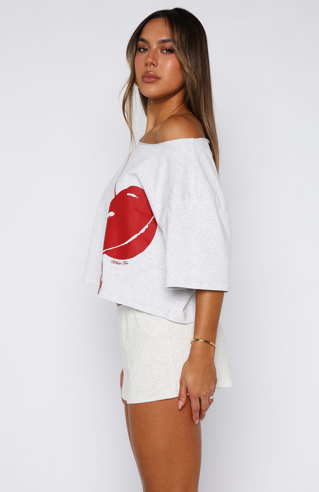 Just In Time Off Shoulder Cropped Tee Grey Marle
