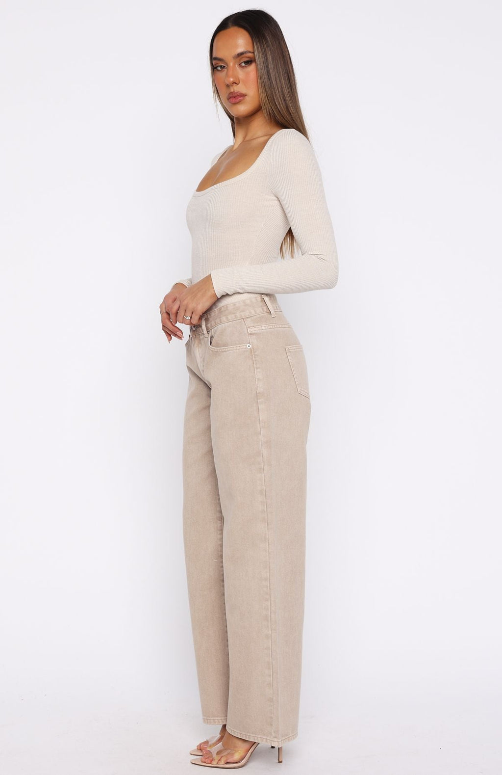 Bring The Style Low Rise Wide Leg Jeans Sesame Wash