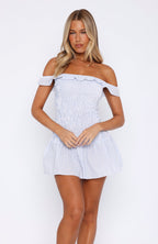 Winners Circle Off Shoulder Mini Dress Blue Stripe