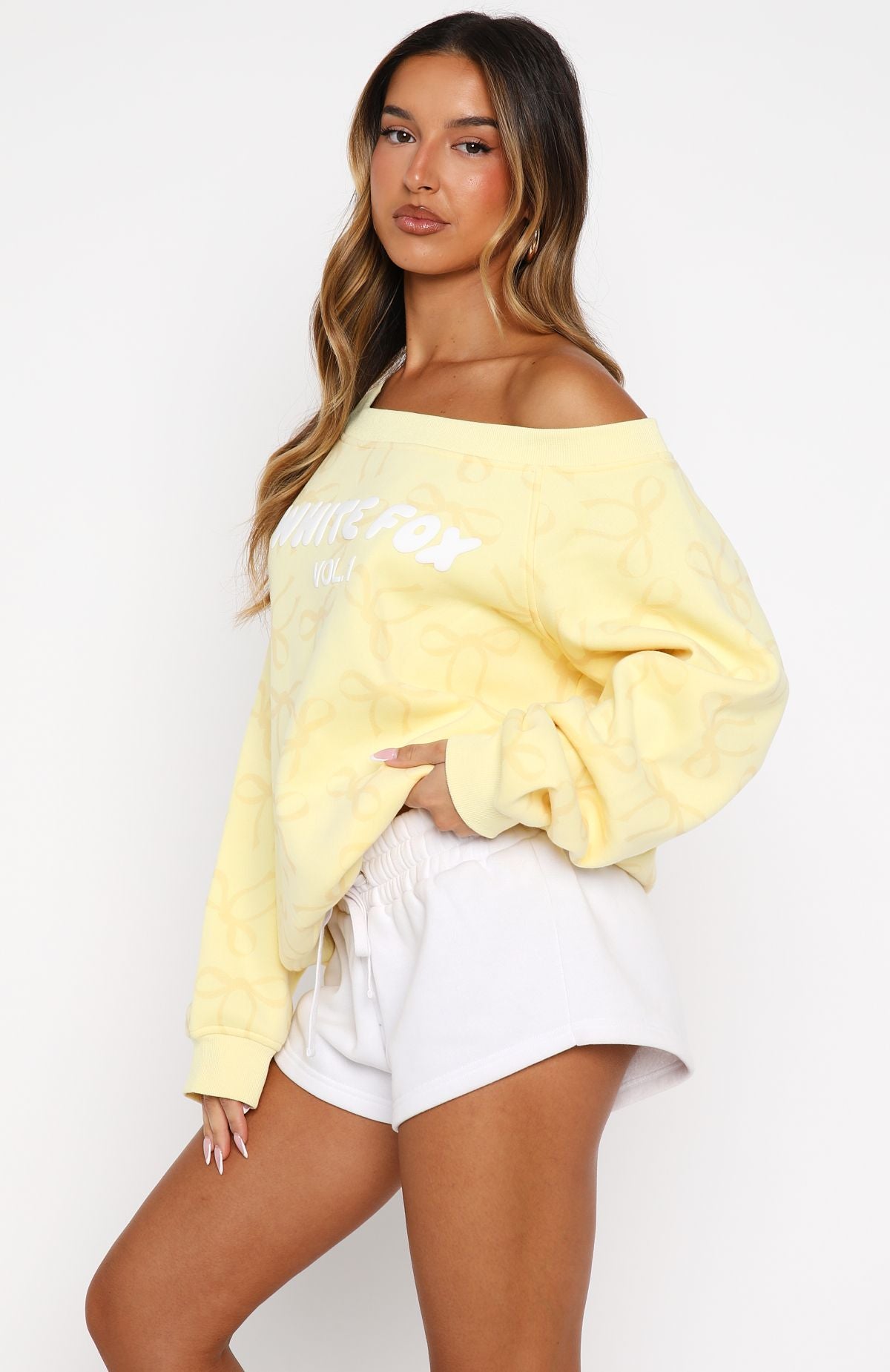 Vol. 1 Off Shoulder Printed Sweater Lemon Bow