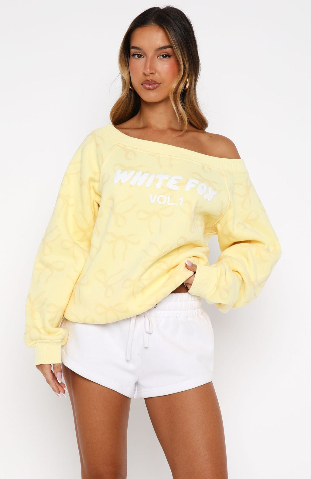 Vol. 1 Off Shoulder Printed Sweater Lemon Bow