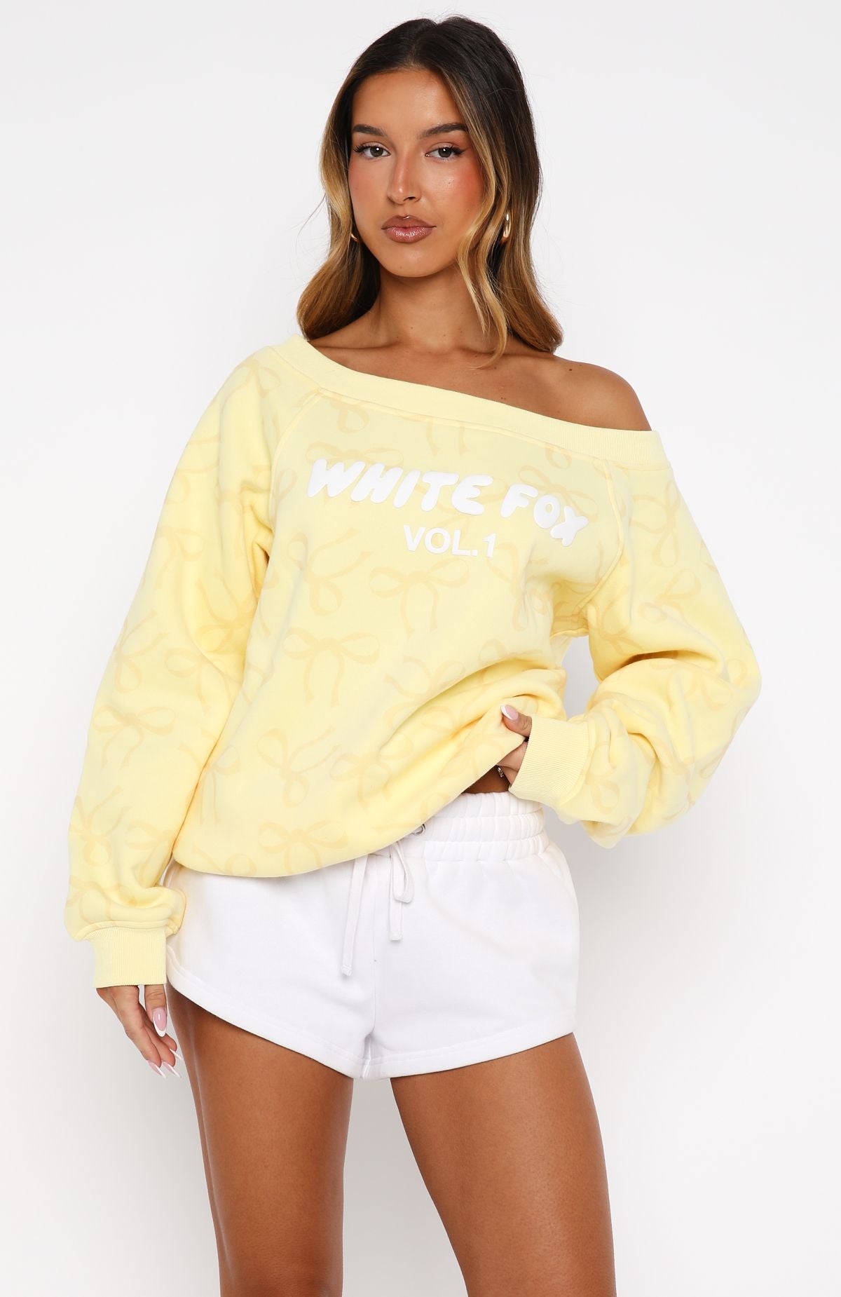 Vol. 1 Off Shoulder Printed Sweater Lemon Bow