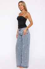 No More Excuses Mid Rise Wide Leg Jeans Mid Blue