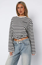 First Time Here Long Sleeve Tee Charcoal/Cream Stripe