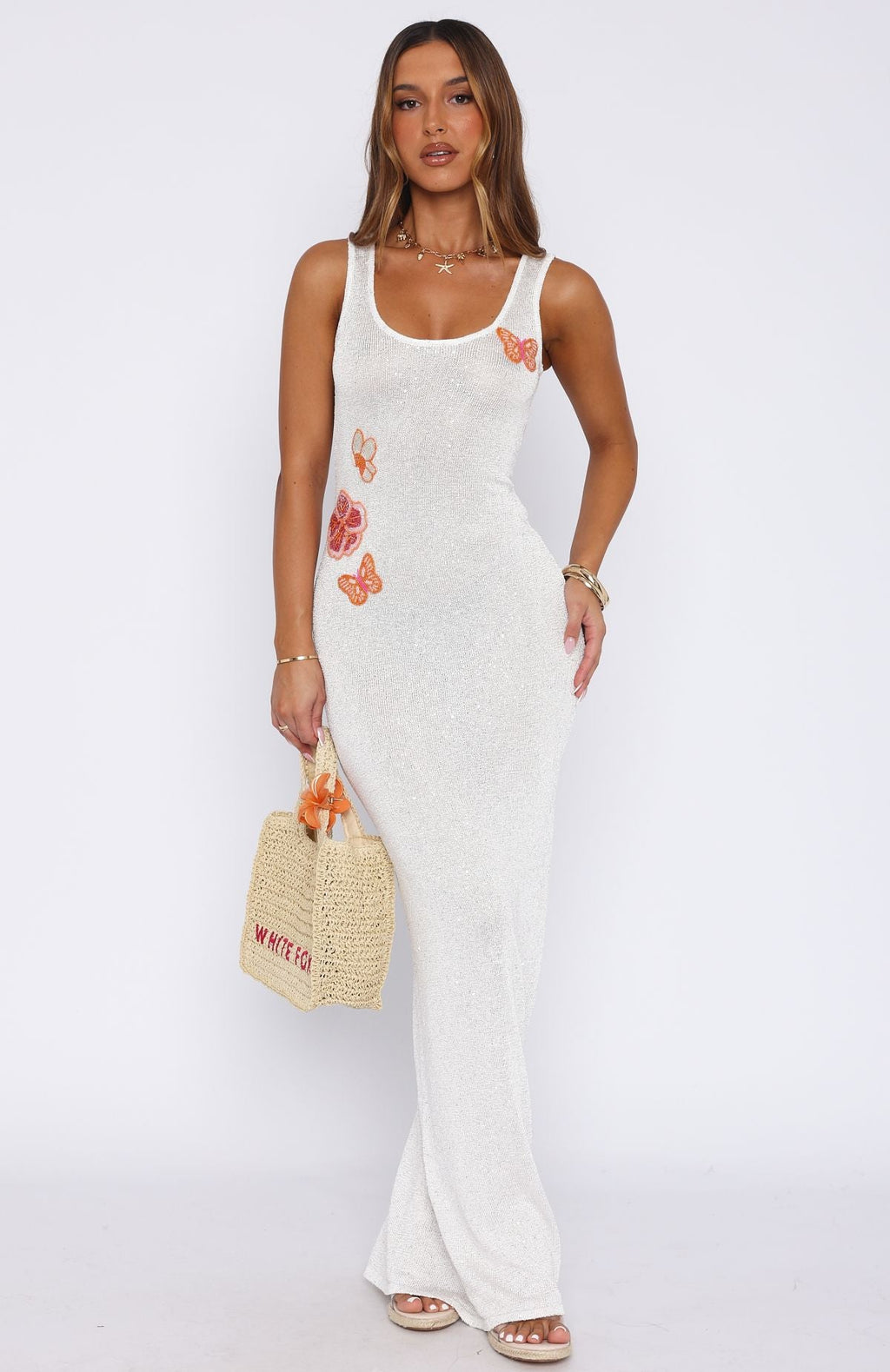 Butterfly Blossom Sequin Knit Maxi Dress White