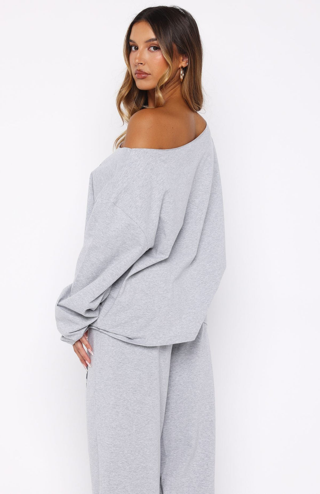 Only One Left Off Shoulder Oversized Long Sleeve Tee Grey Marle