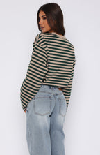 First Time Here Long Sleeve Tee Green/Tan Stripe