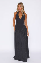 Sweet Temptation Halter Maxi Dress Black/ White Polka Dot