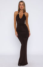 Waste A Moment Halter Maxi Dress Chocolate