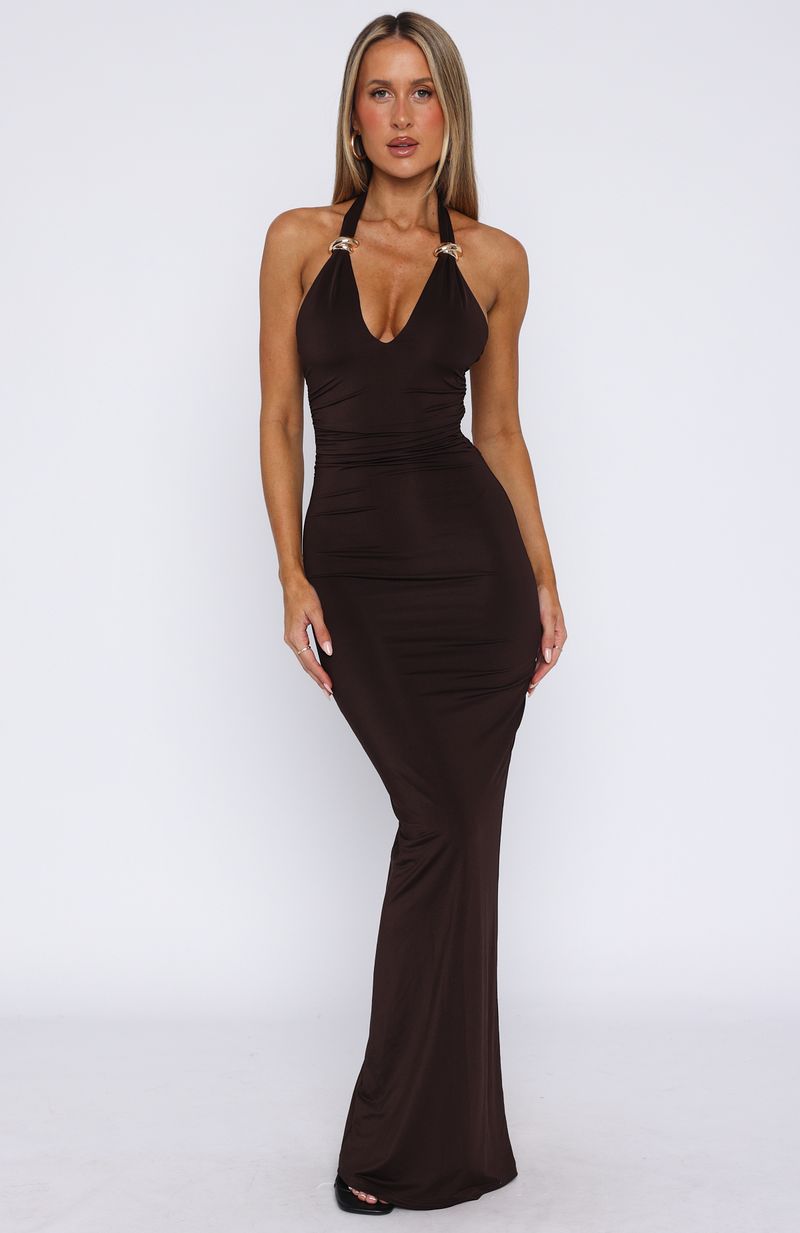 Waste A Moment Halter Maxi Dress Chocolate