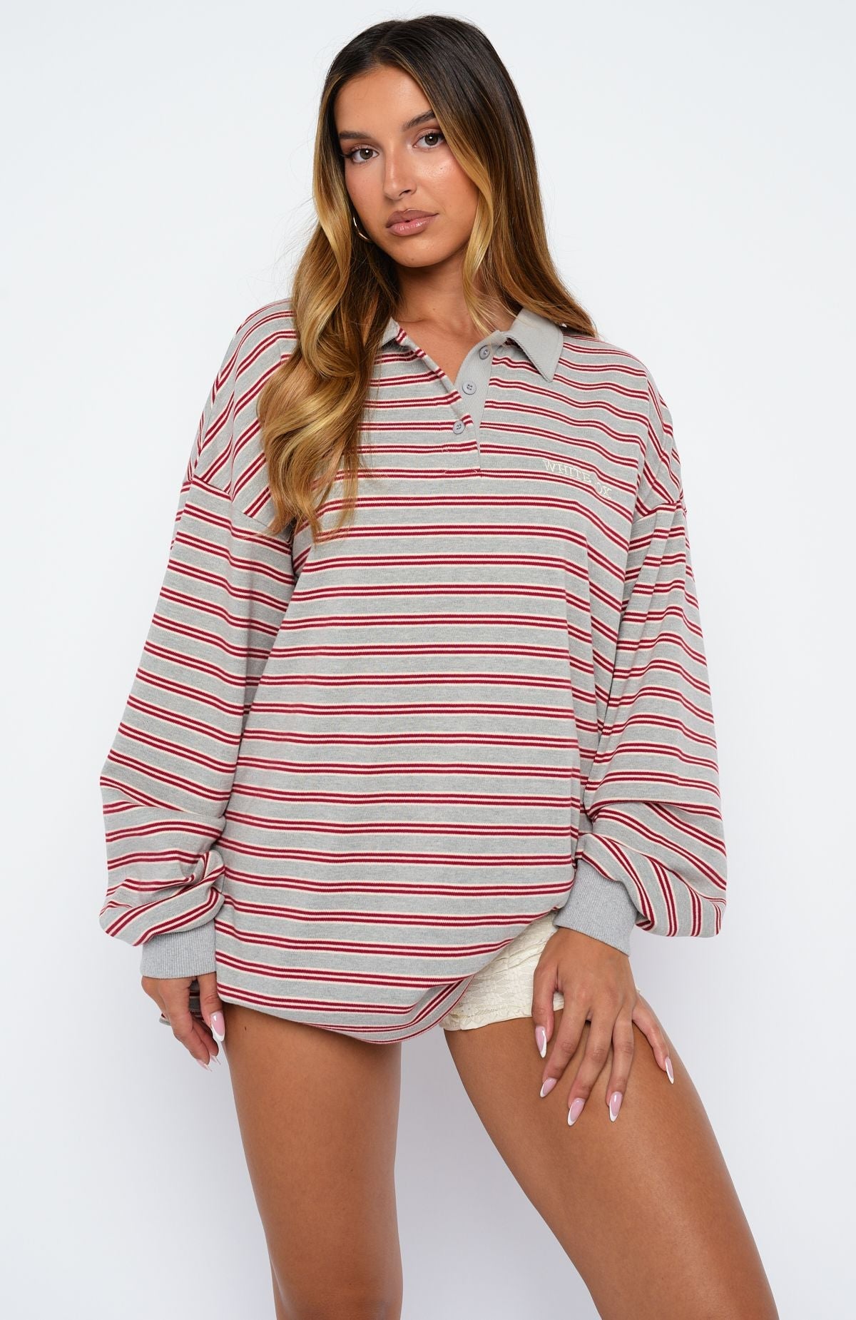 Out Again Long Sleeve Rugby Shirt Dark Grey Marle/Burgundy Stripe