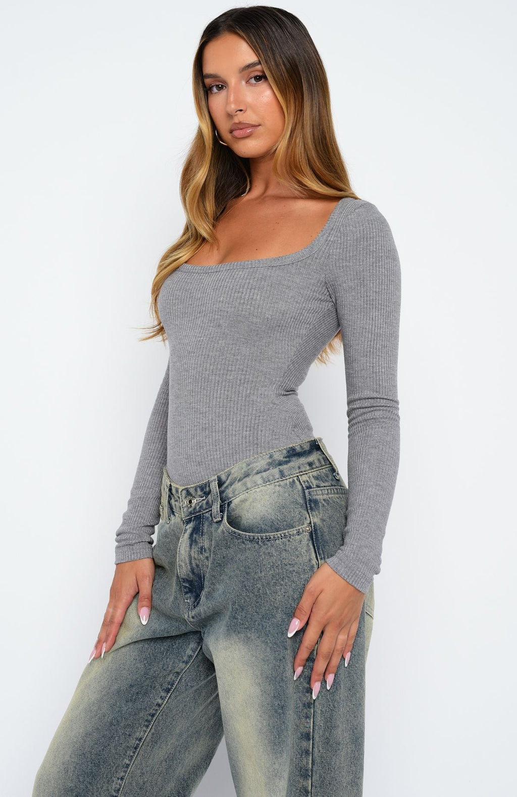 Easy Weekend Ribbed Long Sleeve Bodysuit Grey
