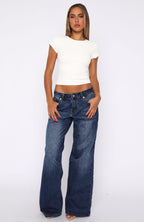 Maeve Low Rise Wide Leg Jeans Washed Dark Blue