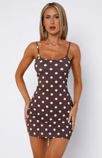 Maybe Later Mini Dress Choc/Cream Polka Dot